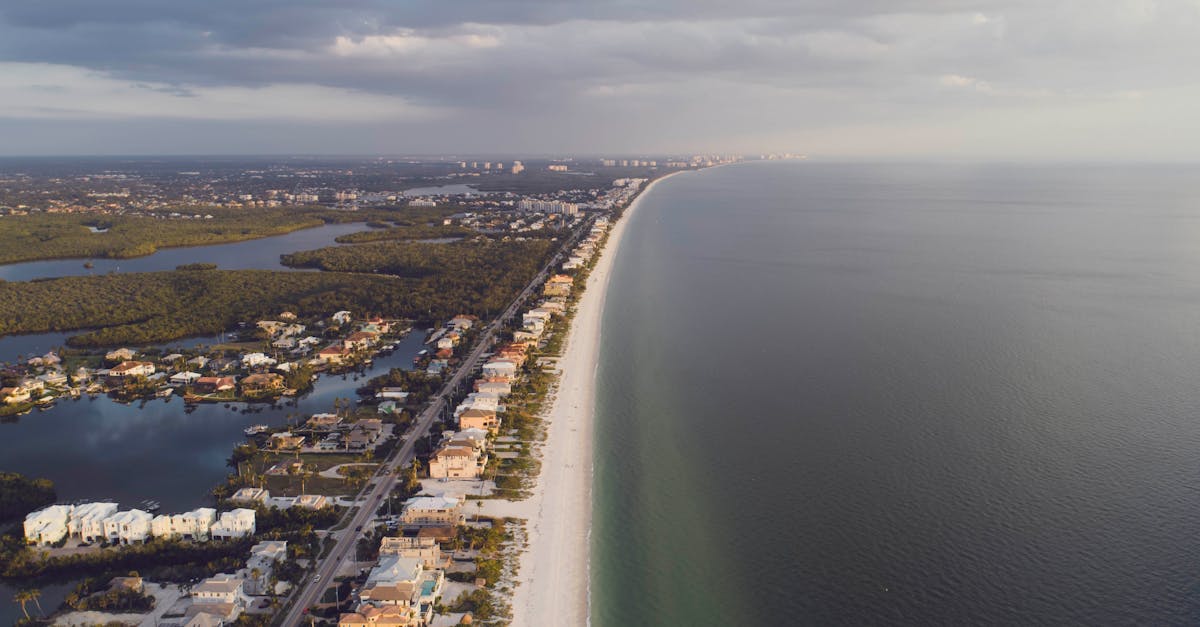 Stunning aerial view of coastal homes lining a serene beach with the ocean and clouds in the distance.