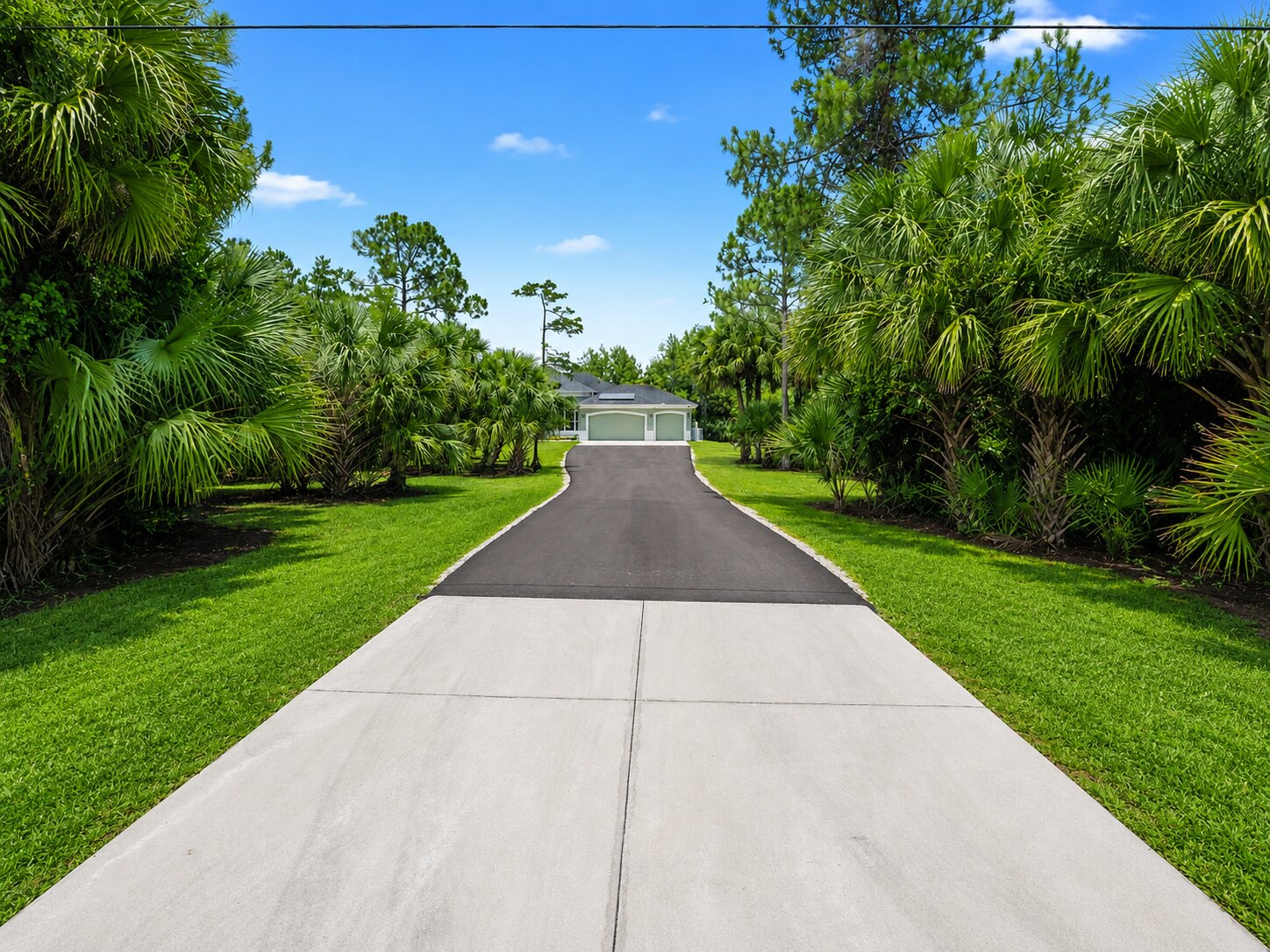 Long paved driveway lined with palms leading to an acreage home in Naples, Florida