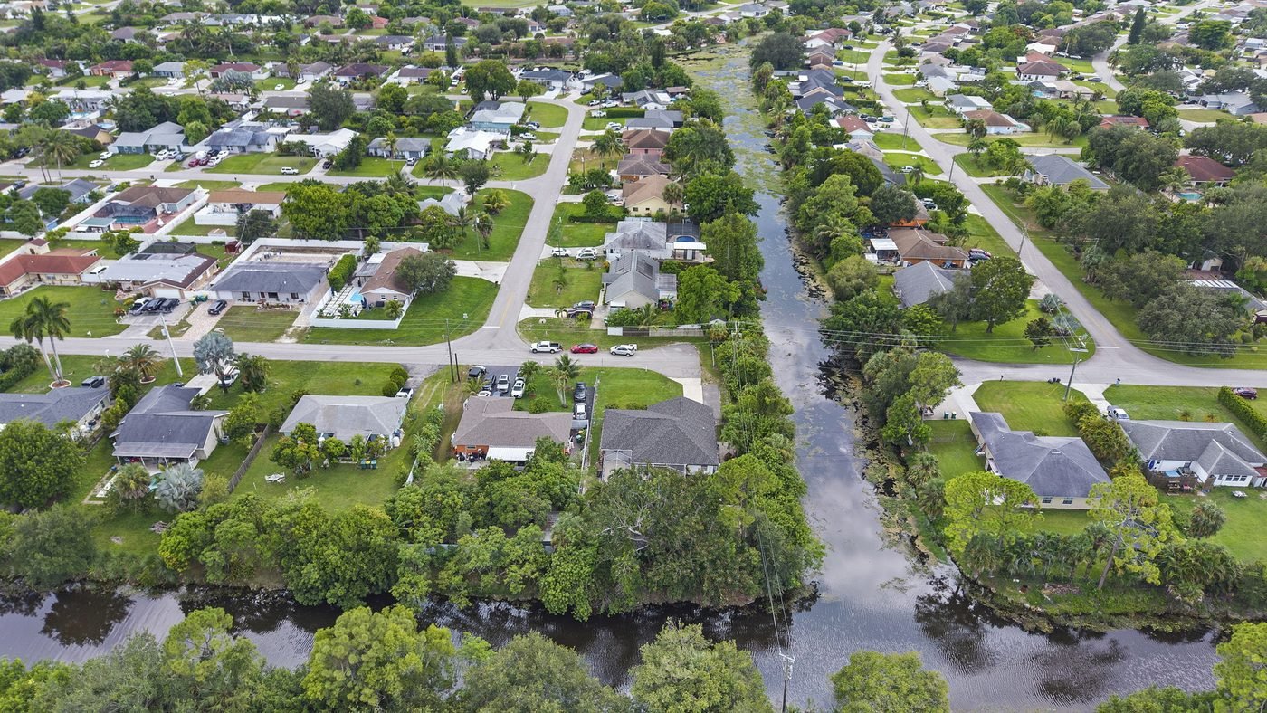 Aerial view of the Golden Gate City street and freshwater canal grid in Naples, Florida
