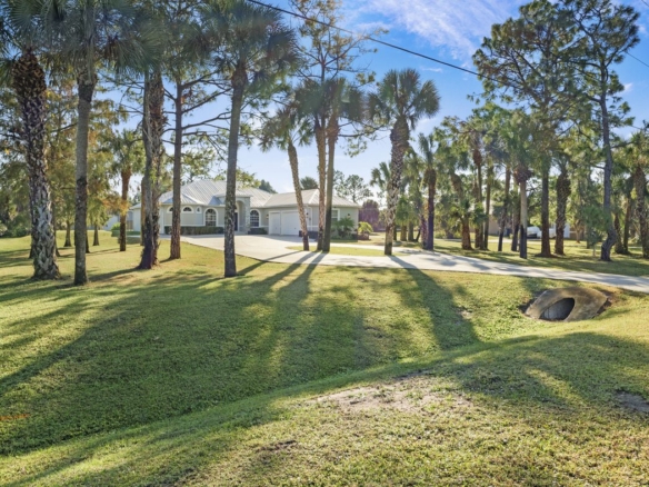 Palm-lined driveway leading to a home on acreage east of Naples — what the beach premium trades for