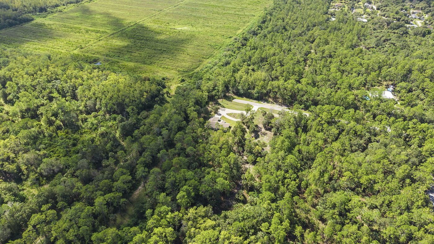 Wide aerial of a Golden Gate Estates home on wooded acreage beside open farmland in Naples, Florida
