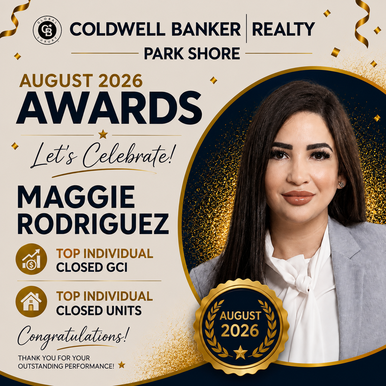 Maggie Rodriguez, Coldwell Banker Realty Park Shore August 2026 Awards: Top Individual Closed GCI and Top Individual Closed Units