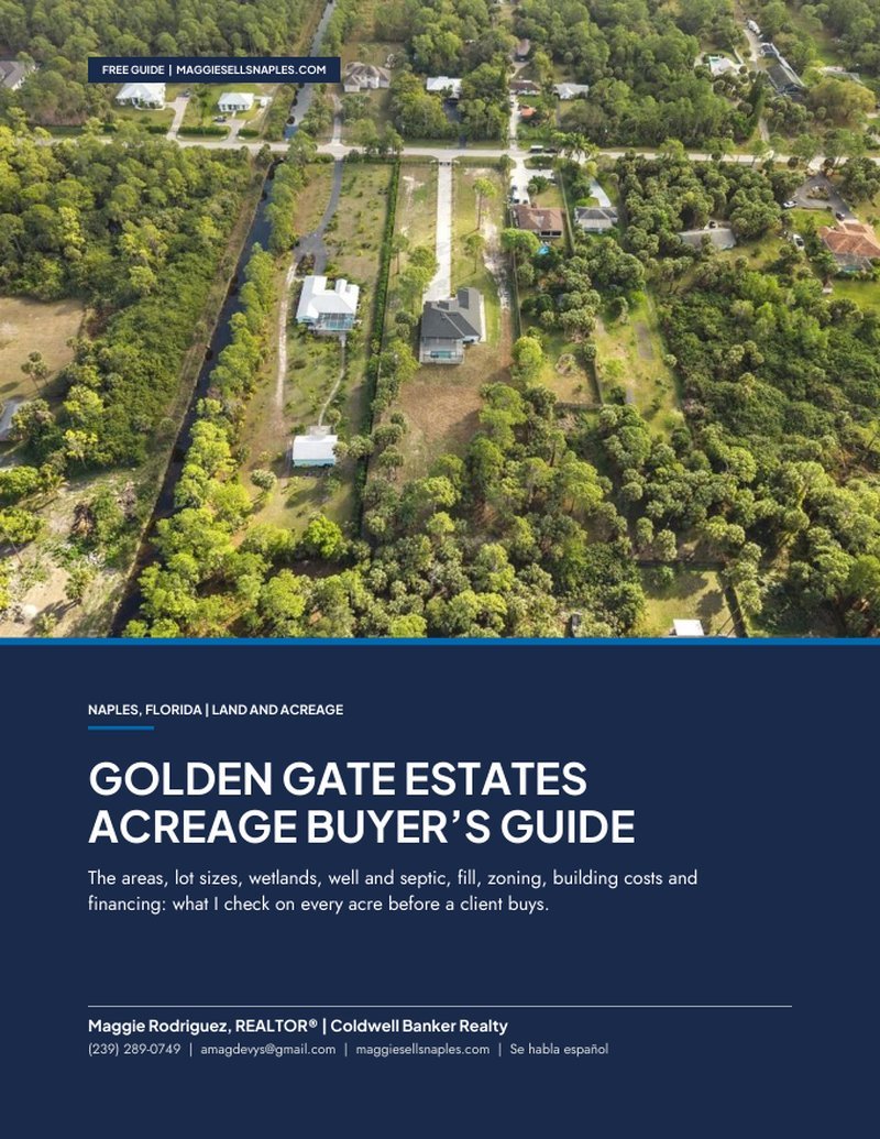 Cover of the free Golden Gate Estates Acreage Buyer's Guide by Naples realtor Maggie Rodriguez