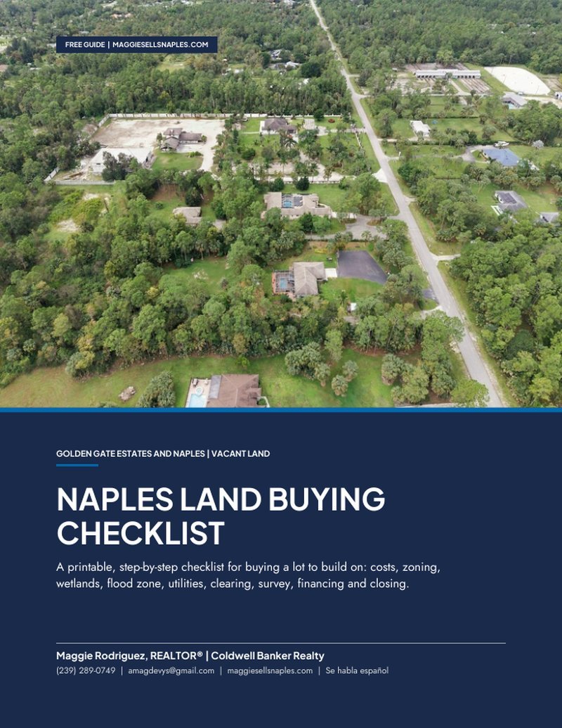 Cover of the free Naples Land Buying Checklist by Naples realtor Maggie Rodriguez